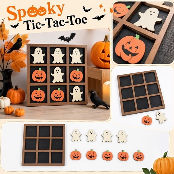 Halloween Pumpkin & Ghost Tic-Tac-Toe Board – Wooden Decorative Centerpiece for Party Table, Mantel & Shelf Display – 4.72 Inch Festive Desktop Ornament A