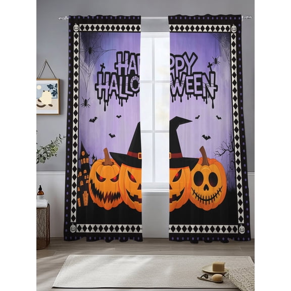 Halloween Pumpkin Ghost Witch Hat Crow Chiffon Sheer Curtains 84 Inches Long Spiders- Web Purple Mist Rod Pocket Window Curtains Voile Drapes Curtains for Living Room Bedroom,2 Panels