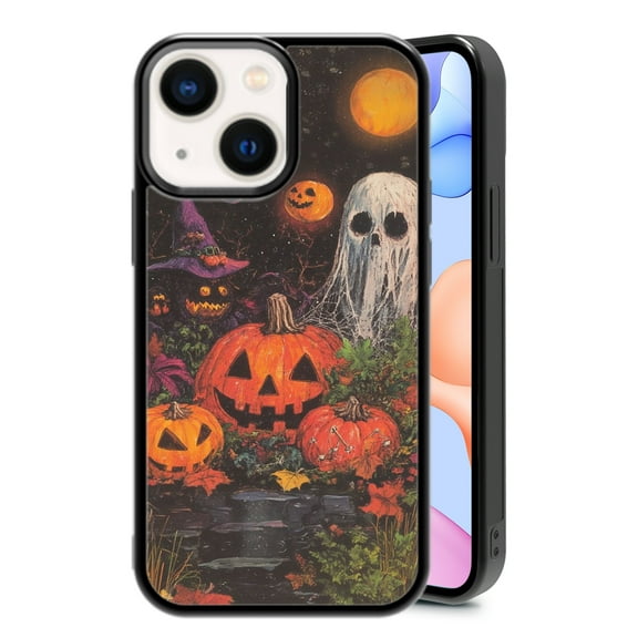 Halloween Pumpkin Ghost for iPhone 16 Plus Case, Cute Aesthetic Christmas Puzzle Shock-Absorbent Protective,Black