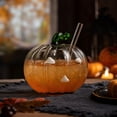 thumbnail image 1 of Halloween Pumpkin Glass Cup, Beverage Serving with Lid, Glass, for Party Tables and Home Bars, Pumpkin-Face Shaped Glass Design, Lidded Tumbler, 1 of 5