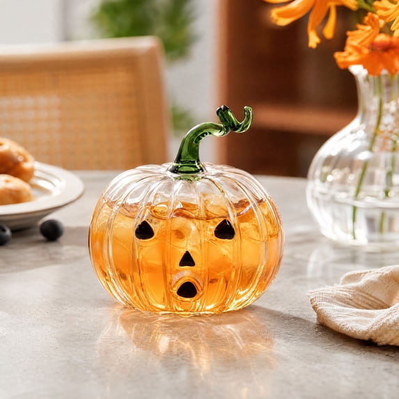 Halloween Pumpkin Glass Cup, Beverage Serving with Lid, Glass, for Party Tables and Home Bars, Pumpkin-Face Shaped Glass Design, Lidded Tumbler