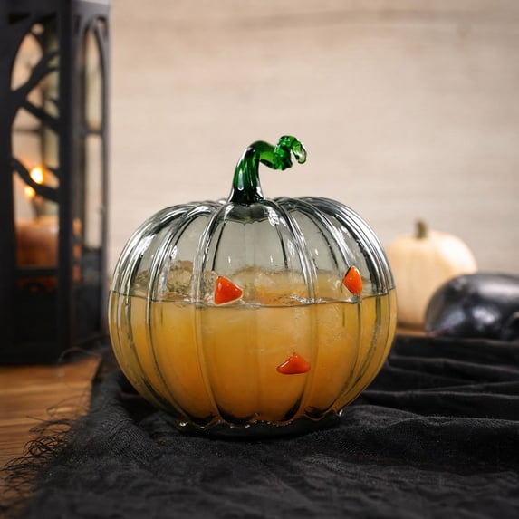 Halloween Pumpkin Glass Cup, Beverage Serving with Lid, Glass, for Party Tables and Home Bars, Pumpkin-Face Shaped Glass Design, Lidded Tumbler