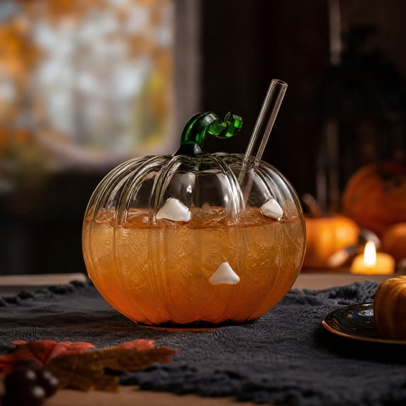Halloween Pumpkin Glass Cup with Lid, Cute Pumpkin Face Tumbler Drinking Glass for Cocktails Water Juice, Spooky Glassware for Party Bar Decor, Spooky Glass Cup, Multicolor, Style D