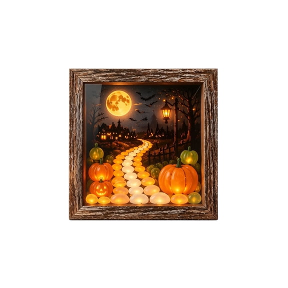 Halloween Pumpkin Glass Painting Night Light, Halloween Decorations Indoor Memory Box Display Case with Crystal Glass & Wooden Frame, LED Night Light Gothic Decor (Path)