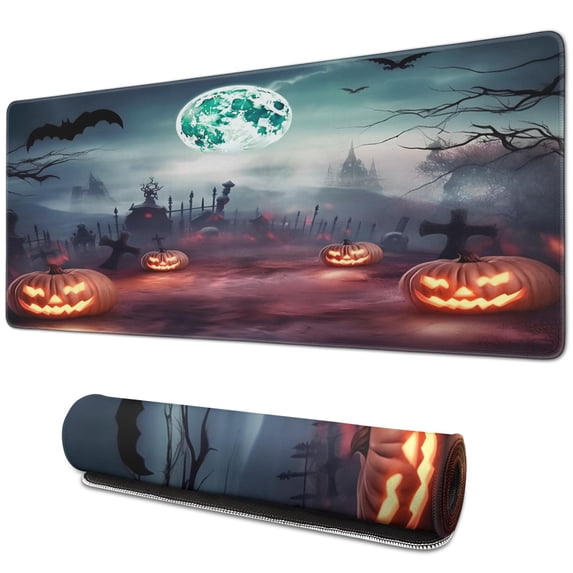 Halloween Pumpkin Glow Mouse Pad Enchanting Forest Design, 31.5x11.8 Inch Large, Non-Slip Base, Waterproof – Ideal for Office or Gaming Use Gaming Mouse Pad