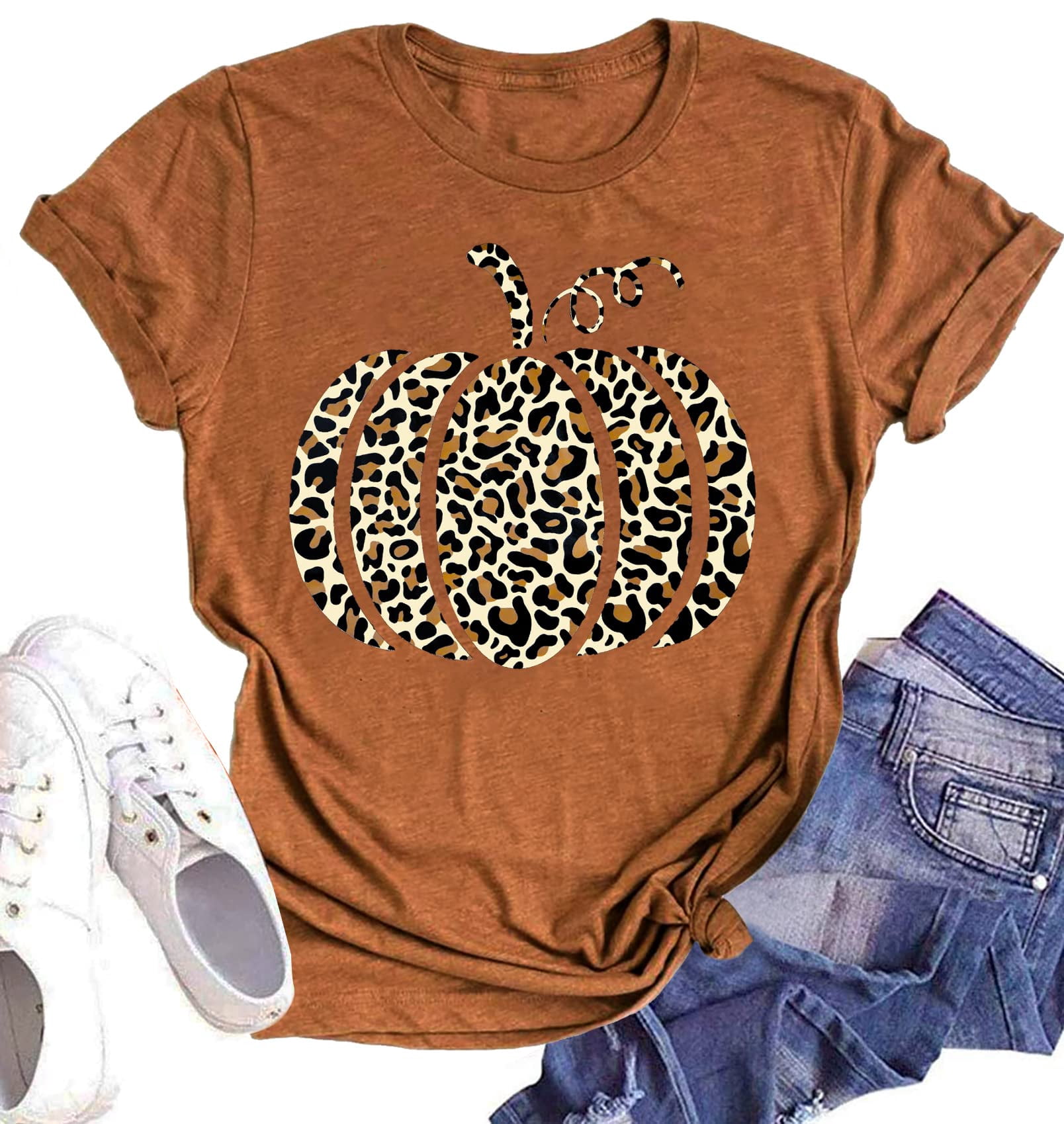 Women's Pumpkin Halloween Graphic Tee - Fall Short Sleeve T-Shirt, Thanksgiving Gift, Loose Fit - View #8