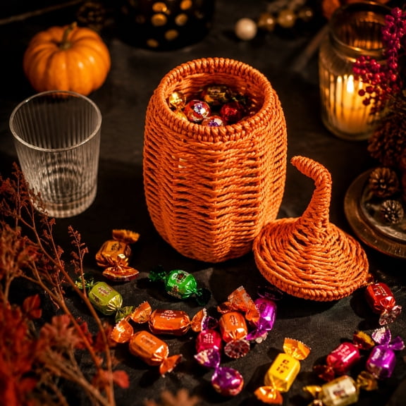 Halloween Pumpkin Handwoven Straw Storage Basket, Polished Natural Faux Rattan Pumpkin Bin, Fall Harvest Decor for Candy, Table Mantel & Halloween Party Display (A-Orange)
