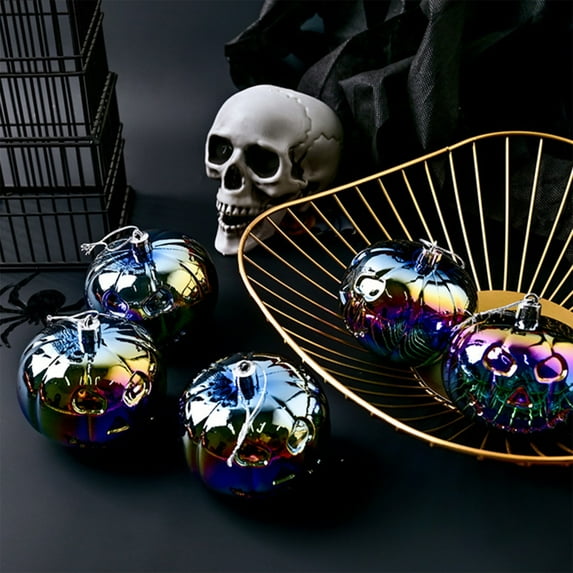 Taicans Halloween Pumpkin Hanging Decorations,3 Pcs Iridescent Glass Pumpkin Ornaments - Rainbow Jack-o'-Lantern Halloween Decorations with Hanging Hooks,Perfect for Tree,Wreath,Mantel & Party,3in