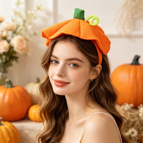Halloween Pumpkin Hat Headband with Green Leaf Accent for Costume Parties