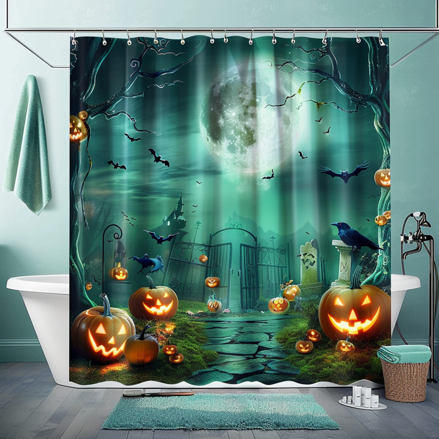 Halloween Pumpkin Haunted Graveyard Shower Curtain Turquoise Bathroom ...