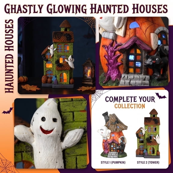 Halloween Pumpkin Haunted House LED Light Decor, Cartoon Ghost Spider Pumpkin Tombstone Haunted House Decor, Fall Halloween Tiered Tray Glowing Desktop Ornament