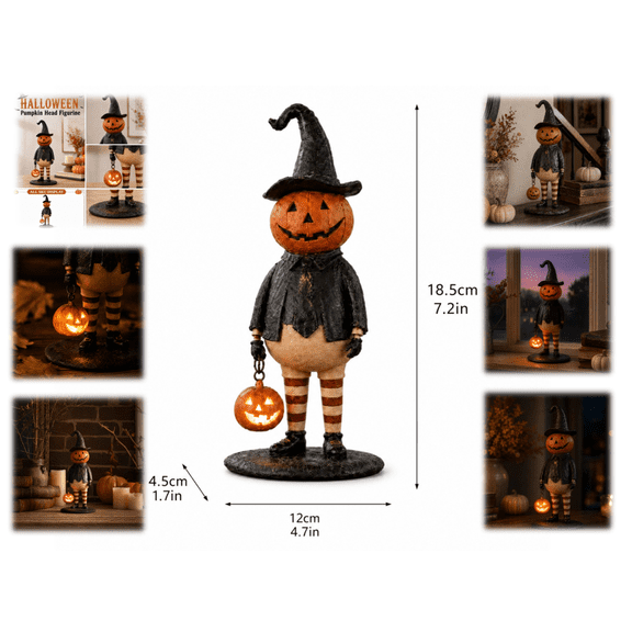 Halloween Pumpkin Head Figurine with Lighted Glowing Jack O Lantern - Retro Paper Mache Style Witch Figure, Battery Operated Statue for Home Shelf Halloween Party Decor