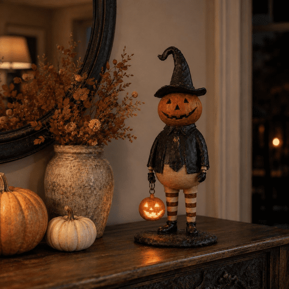 Halloween Pumpkin Head Figurine with Lighted Glowing Pumpkin Lantern - Farmhouse Style Witch Man Statue, Hand Painted Resin Decor for Mantel Shelf Halloween Gift