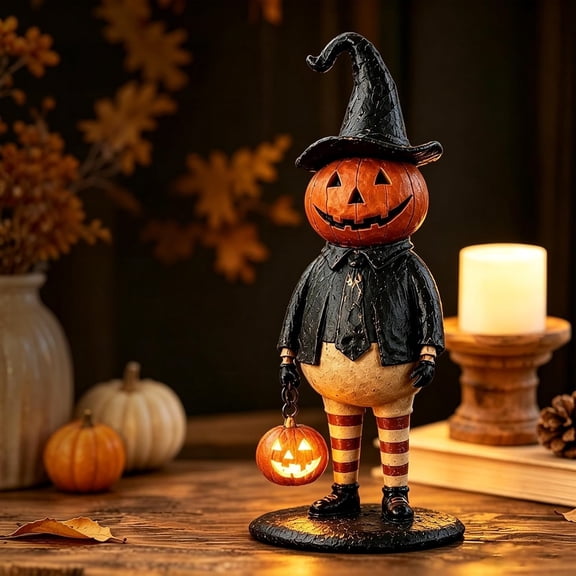 Halloween Pumpkin Head Figurine With Lighted Handheld Pumpkin Lantern | Vintage Witch Gentleman Tabletop Decor, Light Up O' Lantern Statue For Home Mantel Shelf Fall Autumn Display