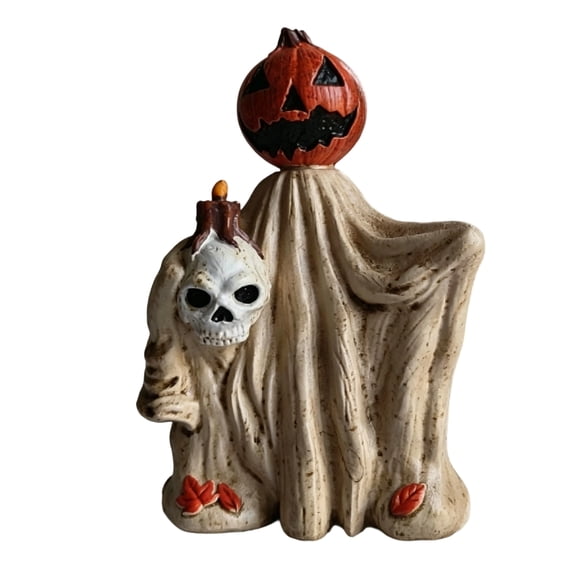 Halloween Pumpkin Head Ghost Figurine Resin Skeleton Cloak Statue, Spooky Tabletop Ornament for Home Decor Mantel Shelf Living Room (Yellow)