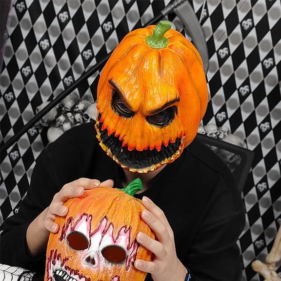 Halloween Pumpkin Head Mask, Realistic Foam Latex Jack O Lantern Full Headpiece for Cosplay Horror Party Role Play