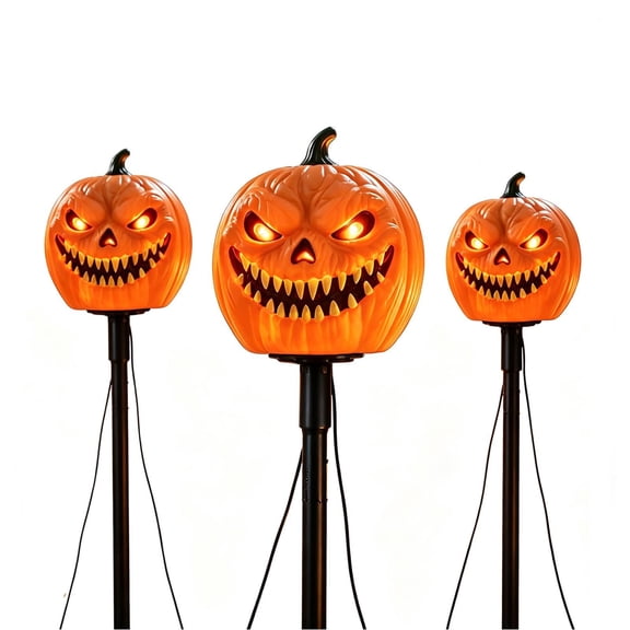 Halloween Pumpkin Head Outdoor Ground Stakes, Spooky Decorative Props for Courtyard, Durable Resin Material, Ideal for Yard, Garden, and Halloween Parties, 3 Pack