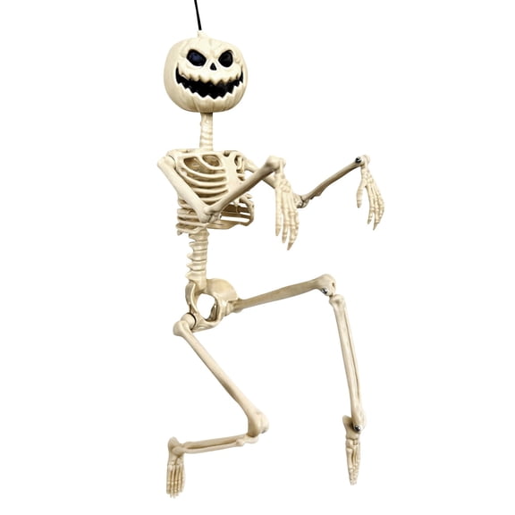 Halloween Pumpkin Head Skeleton Decor, Posable Pumpkin Skull Standing Decor with Movable Joint Body, for Haunted House Halloween Party Yard Indoor Decoration