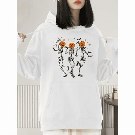 Halloween Pumpkin Head, Skull, Dancing T-shirt, hooded long-sleeved top, comfortable and fashionable white S-2XL