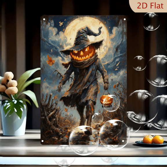 Halloween Pumpkin Head Witch 8x12 Inches Metal Wall Art, Spooky Jack-o'-Lantern Character in Tattered Coat with Glowing Lantern, Magical Eerie Autumn Landscape Painting for Home Decor