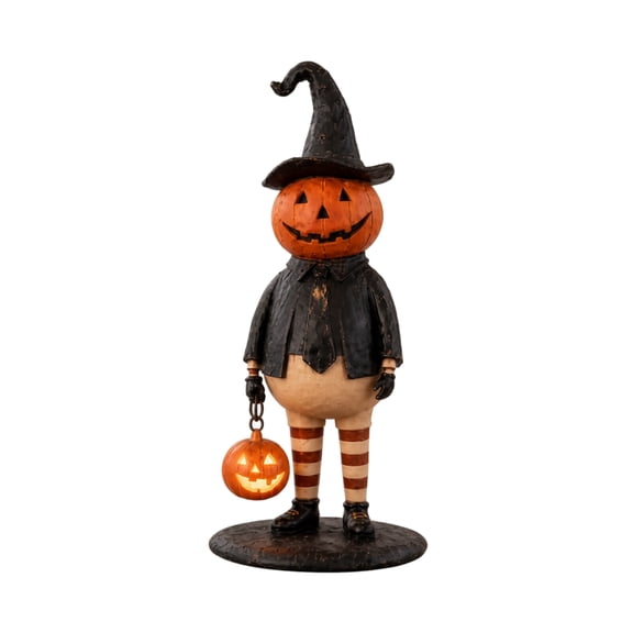 Halloween Pumpkin Head Wizard Figurine with LED Jack O Lantern Lantern, Vintage Resin Pumpkin Man Statue, Light Up Tabletop Mantel Fall Harvest Decor,4.7*7.2 in.