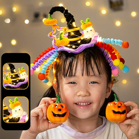 Halloween Pumpkin Headband DIY Kit for Children, Glow-in-the-Dark Pipe Cleaner Materials for Party Dress-Up and Spooky Fun
