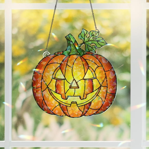 Halloween Pumpkin Hologram Window Hanging | Jack O Lantern Faux Stained Glass Decor | Spooky Fall Home & Party Decoration