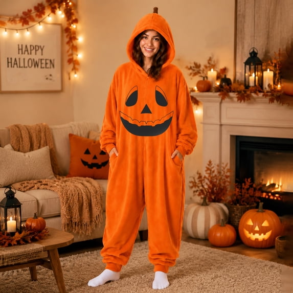 Halloween Pumpkin Hooded Onesie Adult Jack O Lantern Halloween Costume Plush Fleece Pajama Set, Full Body Flannel Jumpsuit for Couples Matching Fall Sleepwear Pajamas