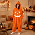thumbnail image 1 of Halloween Pumpkin Hooded Onesie Adult Jack O Lantern Halloween Costume Plush Fleece Pajama Set, Full Body Flannel Jumpsuit for Couples Matching Fall Sleepwear Pajamas, 1 of 9