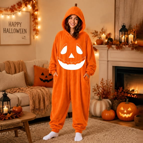 Halloween Pumpkin Hooded Onesie Adult Jack O Lantern Halloween Costume Plush Fleece Pajama Set, Full Body Flannel Jumpsuit for Couples Matching Fall Sleepwear Pajamas