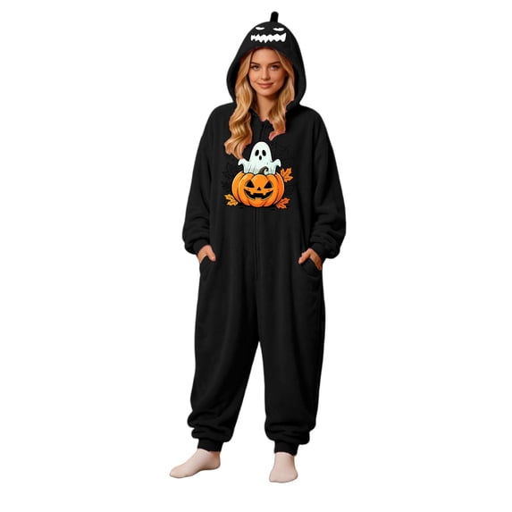 Halloween Pumpkin Hooded Onesie Adult Soft Hooded Onesie Flannel Pajama Sleepwear, Plush Matching Couples Jumpsuit for Fall Halloween Costume Loungewear