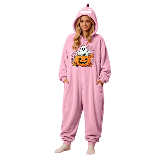 Halloween Pumpkin Hooded Onesie Adult Soft Hooded Onesie Flannel Pajama Sleepwear, Plush Matching Couples Jumpsuit for Fall Halloween Costume Loungewear