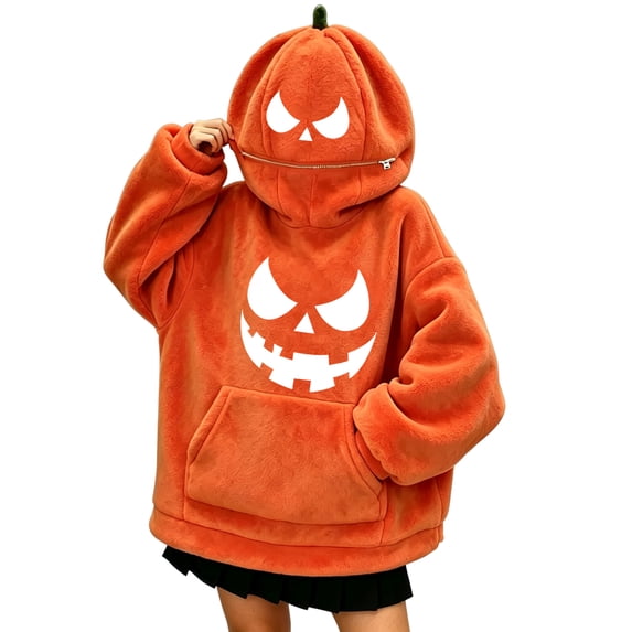 Halloween Pumpkin Hoodie with Zipper Oversized Fuzzy Plush Jack-o'-Lantern Sweatshirt for Women Light Brown 2XL