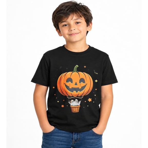 Halloween Pumpkin Hot Air Balloon Graphic T-Shirt for Boys, Fun Spooky Short Sleeve Shirt for Fall