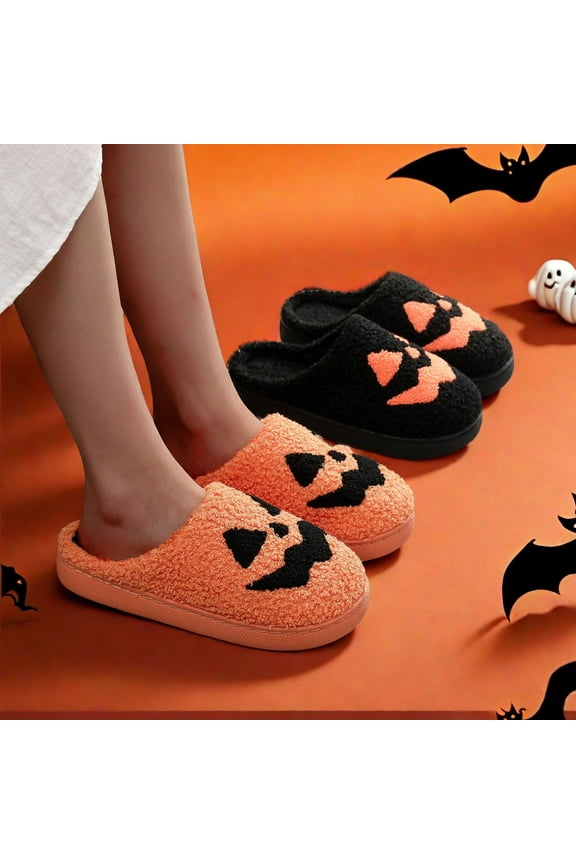 Halloween Pumpkin House Slippers for Woman Winter Flat Heel Close Toe Casual Home Indoor Outdoor Slides Slippers Winter Fleece-Lined Shoes for Women Black 10