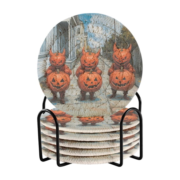 Halloween Pumpkin Imps Drink Coasters with Holder Absorbent Coaster for Coffee Table Room Decor 6 Pack