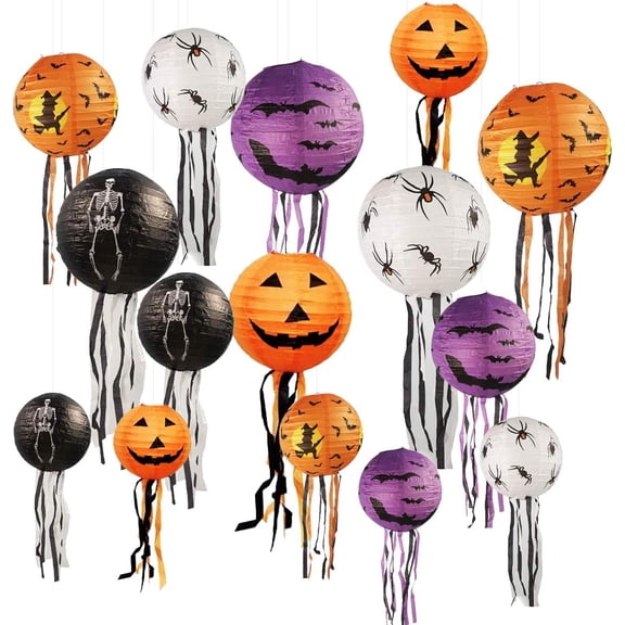 Halloween Pumpkin Jack-O-Lantern Spider Bat Skeleton Paper Lanterns, Foldable Lightweight for Indoor Outdoor Decoration, 5 Pack, 12 Inch