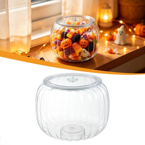 Halloween Pumpkin Jar With Lid, Plastic Pumpkin Candy Dish, Pumpkin Cookie Jar, Clear Plastic Storage Canister, Halloween Cookie Jar For Candy, Cookies, Cereal, Flour And Tea