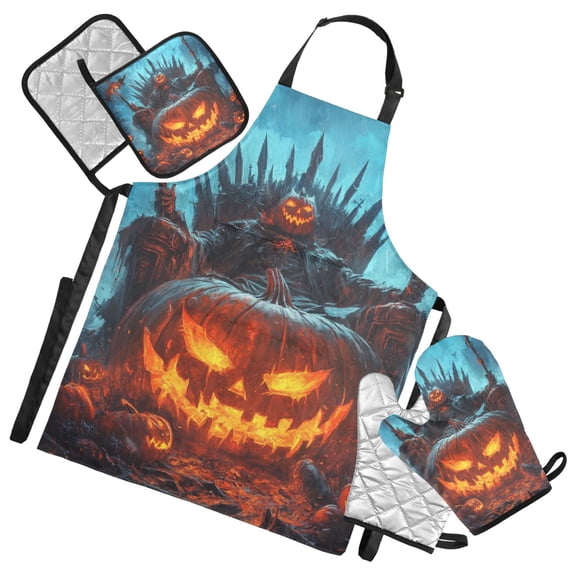 Halloween Pumpkin King Oven Mitts and Pot Holders with Chef Apron Set 5 Pcs Kitchen Cooking Set