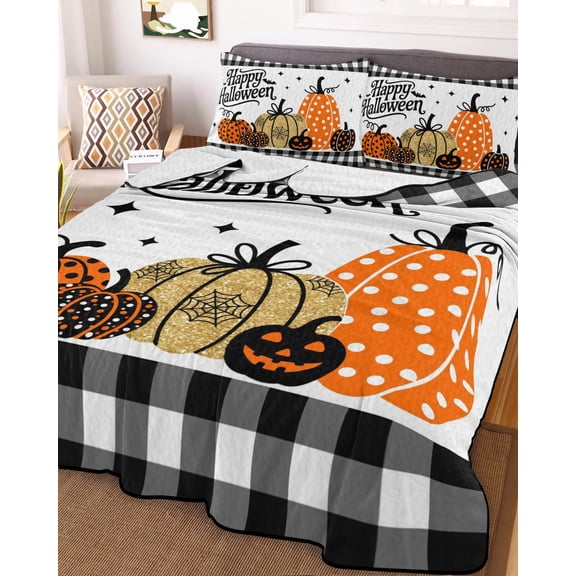 Halloween Pumpkin King Size Down Alternative Comforter, Lightweight Comforter Quilt Bedding Set with Pillow Shams Orange Black Gold Polka Dot Plaid All Seasons Bed Comforter Duvet Insert 96"x106"