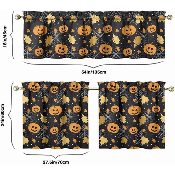 Halloween Pumpkin Kitchen Curtains Valances and Tiers Set for Windows, Black Skull Spooky Bathroom Window Curtain Valance 3 Piece Sets,Kitchen Decor for Living Room,54"x 24"