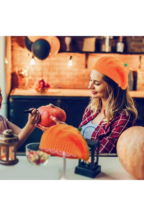 Halloween Pumpkin Knit Beret Hat, Orange Acrylic Dome Beanie with Green Stem, Warm Windproof Winter & Fall Hat for Adults & Kids, Unisex Sizes