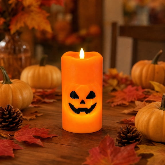 Halloween Pumpkin LED Flameless Candle, Battery Operated Flickering Orange Jack O' Lantern for Halloween Decor