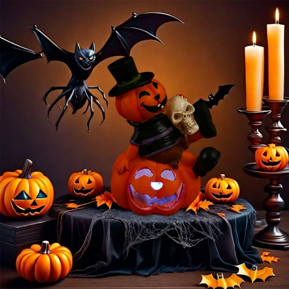 Halloween Pumpkin LED Night Light with Cat Design - Resin Tabletop Decor for Home, Shelf, Mantle - Energy Efficient Holiday Decoration Gift for Halloween Season
