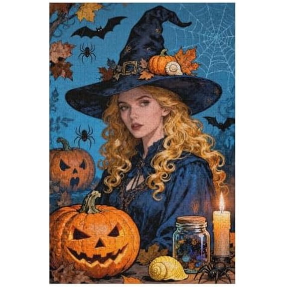 Halloween Pumpkin Lady 1000 Piece Jigsaw Puzzle for Adults, Witch Hat Lady Artwork, Cute Halloween Doll Design, Colorful DIY Craft, Family Activity Gift