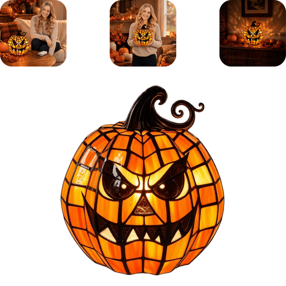 Halloween Pumpkin Lamp, Tiffany Style Stained Glass Pumpkin Lantern, Vintage Jack-o-Lantern Decor Soft Glow LED Light for Home Tabletop Halloween Party Decoration M C-1PC