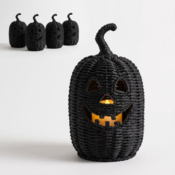 Halloween Pumpkin Lamp, Woven Texture Light Up Ornament with Built-in LED Candle, Tabletop Decor for Indoor Holiday Gathering