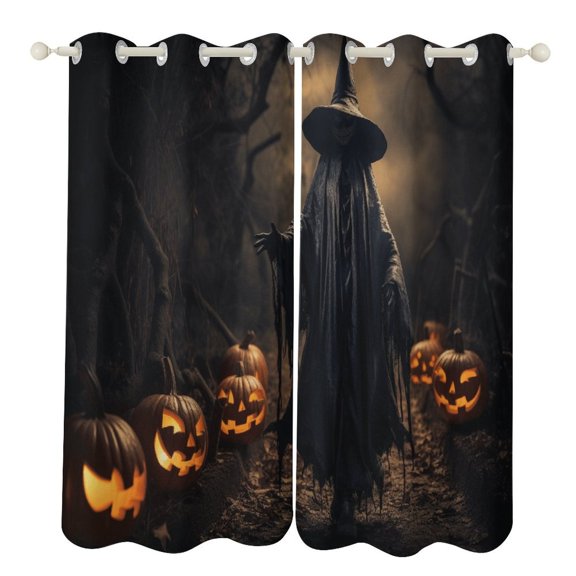 Halloween Pumpkin Lantern Bat 2 Panels 3D Printing Pattern Curtain for Bedroom Living Room Kitchen Window Decoration Home