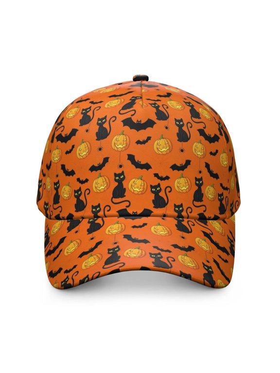 Halloween Pumpkin Lantern Black Cat Baseball Cap, Sports Sun Cap with Snap Closure & Sweatband, Breathable Eyelets Gifts for Unisex Men Women