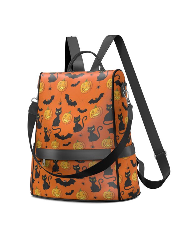 Halloween Pumpkin Lantern Black Cat Fashion Backpack, Work Travel Rucksack with Side Bottle Pockets & Convertible Strap, Water Repellent Polyester Gifts for Birthday Christmas Thanksgiving